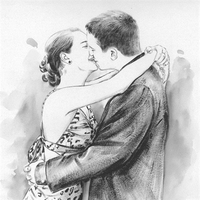 Hand Painted Ink Rendering Portrait of A Happy Couple Hugging and Kissing - myDaVinci